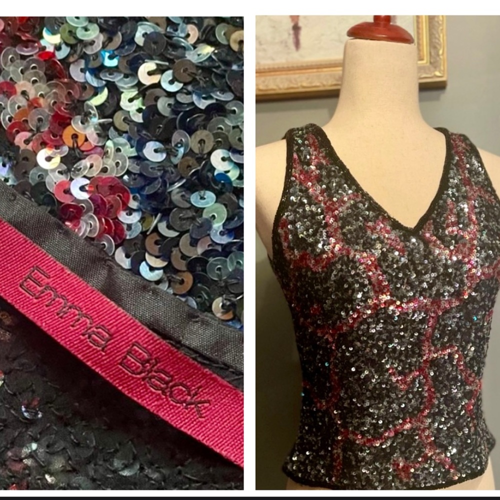 Emma Black Vintage Silk Sequin Top